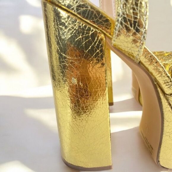 Lulus Bow Platform Ankle Strap Heels Gold Metallic Size 7M - Picture 4 of 13